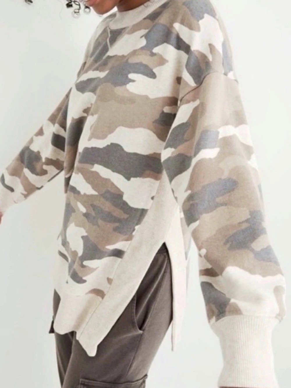aerie Camo Oversized Crewneck Sweatshirt in Brown & Green